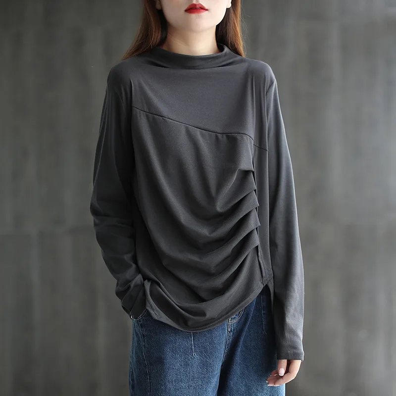 Max LuLu Novi Korejski Modni Slog Womens Vrhovi Svoboden Tee Majice Ženske Turtleneck Elastična Tshirts Priložnostne Letnik Vrhovi Plus Velikost