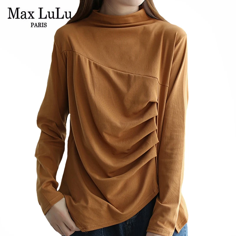 Max LuLu Novi Korejski Modni Slog Womens Vrhovi Svoboden Tee Majice Ženske Turtleneck Elastična Tshirts Priložnostne Letnik Vrhovi Plus Velikost