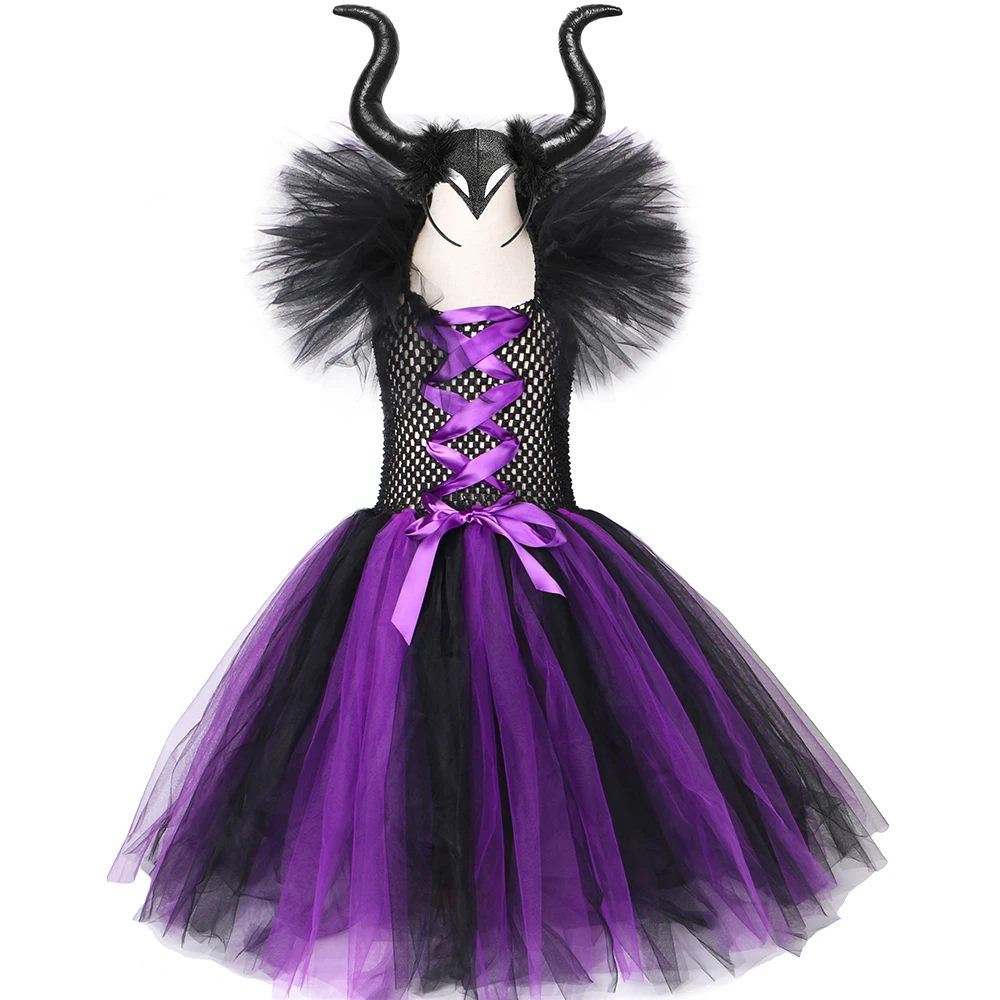 Mačehe Maleficent Kostum z Rogovi Krila Otroci Dekleta Halloween Fancy Tutu Obleko Obleke Otrok Carnival Party Čarovnice Obleko Gor