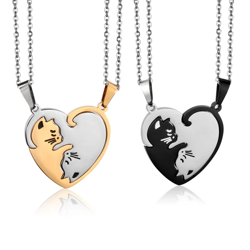 Mačka srce pari ogrlice ženska iz nerjavečega jekla modne ogrlice par obesek zlate verige ogrlica črna ženska dodatki