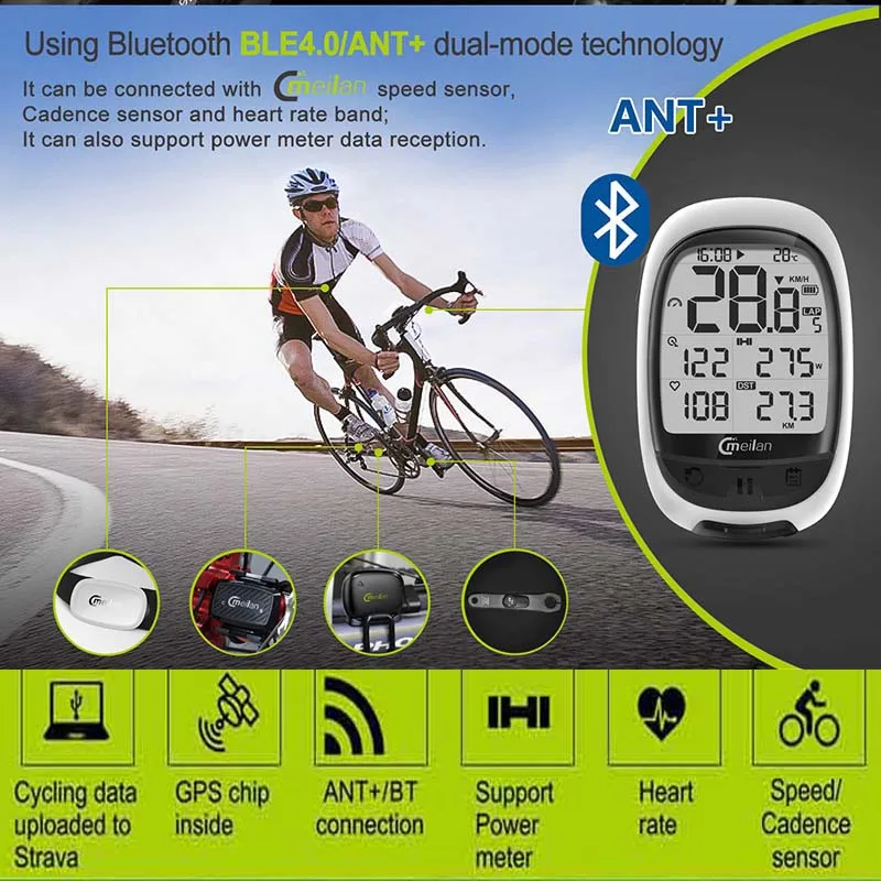 Meilan M2 Brezžični merilnik Hitrosti Kolesa Bluetooth ANT+ GPS Kolo Računalnik Kolesarski Števec Hitrosti, Kadence Senzor Srčnega utripa
