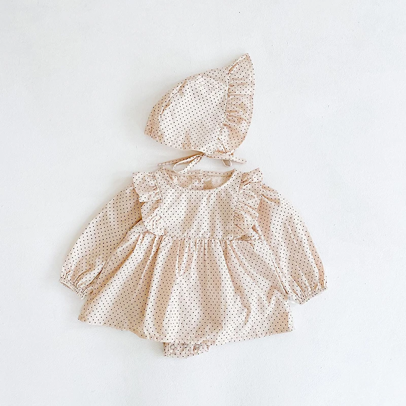 Melario Baby Girl Obleke iztrgana Romper Jumpsuit S Klobuk Dolg Rokav Srčkan Polka Dot Playsuit za Novorojenčka Otroci