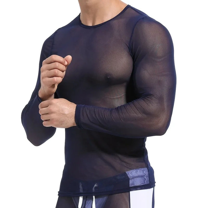 Men ' Očesa Pregleden ribja mreža T Shirt 2020 Seksi Nove Dolg Rokav Undershirts Moških se vidi, čeprav Mišice Bodybuilding Strmimi Vrhovi Tee