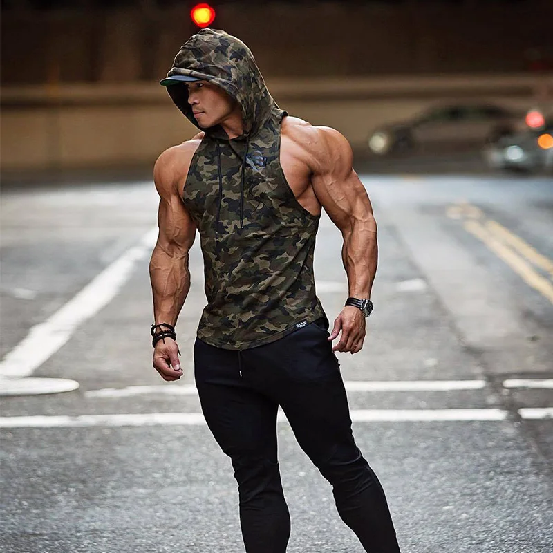 Mens Bodybuilding Hooded Vrhovi Tank Telovadnic Fitnes Vadbo Brez Rokavov Hoodie Majica Moški Modni Priložnostne Bombaž Telovnik Šport