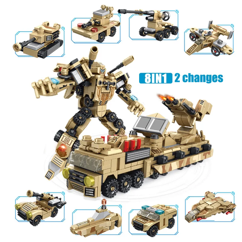 Mesto Tehnično Preoblikovanje Robot Avto Gradnik Vojaške Prikolico Mech Tank Tovornjak 8 v 1 Številke Opeke Igrače Za Otroke