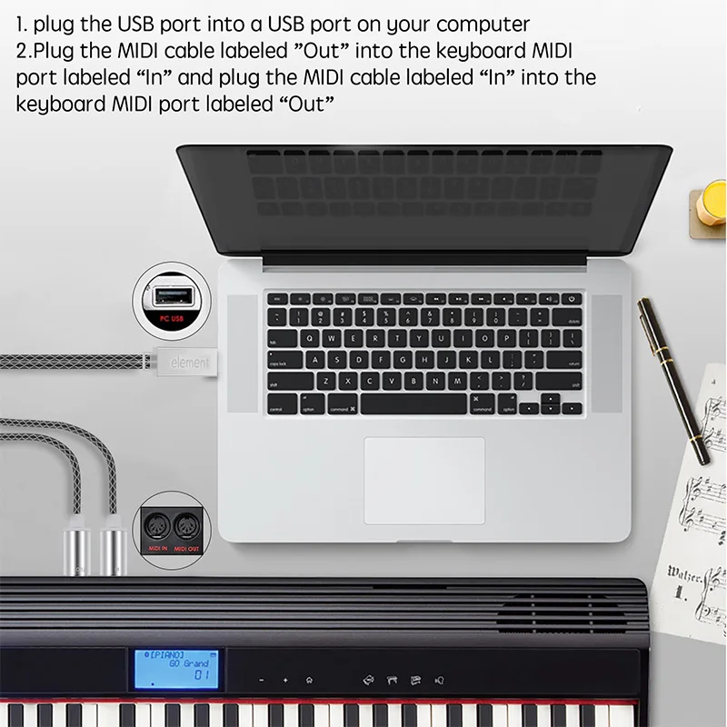 MIDI Kabel USB V-OUT Pretvornik, Strokovno MIDI Vmesnik z lučko, FTP Obdelave Čip, Kovinsko Lupino