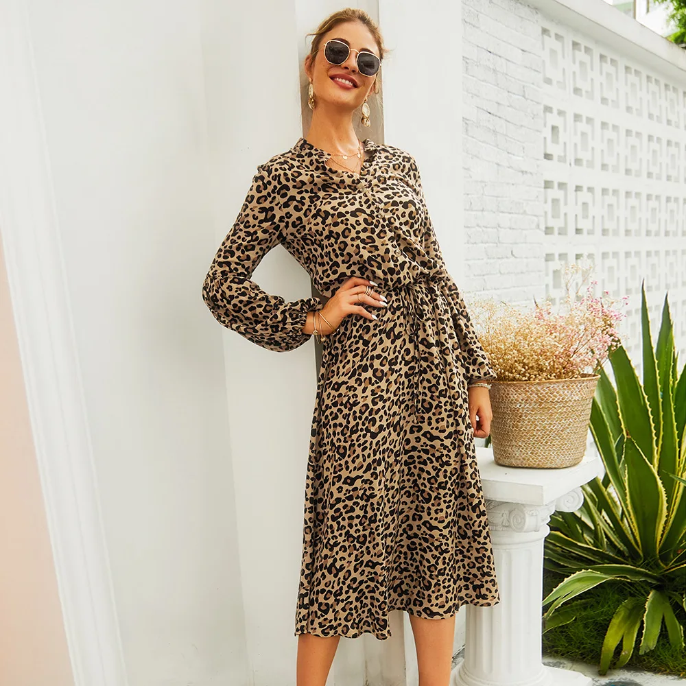 Midi Poletje Obleko z Dolgimi Rokavi za Ženske Midi Plažo, Obleke blagovne Znamke Leopard Natisniti Moda obleke Srčkan Priložnostno Svoboden Vintage Obleke