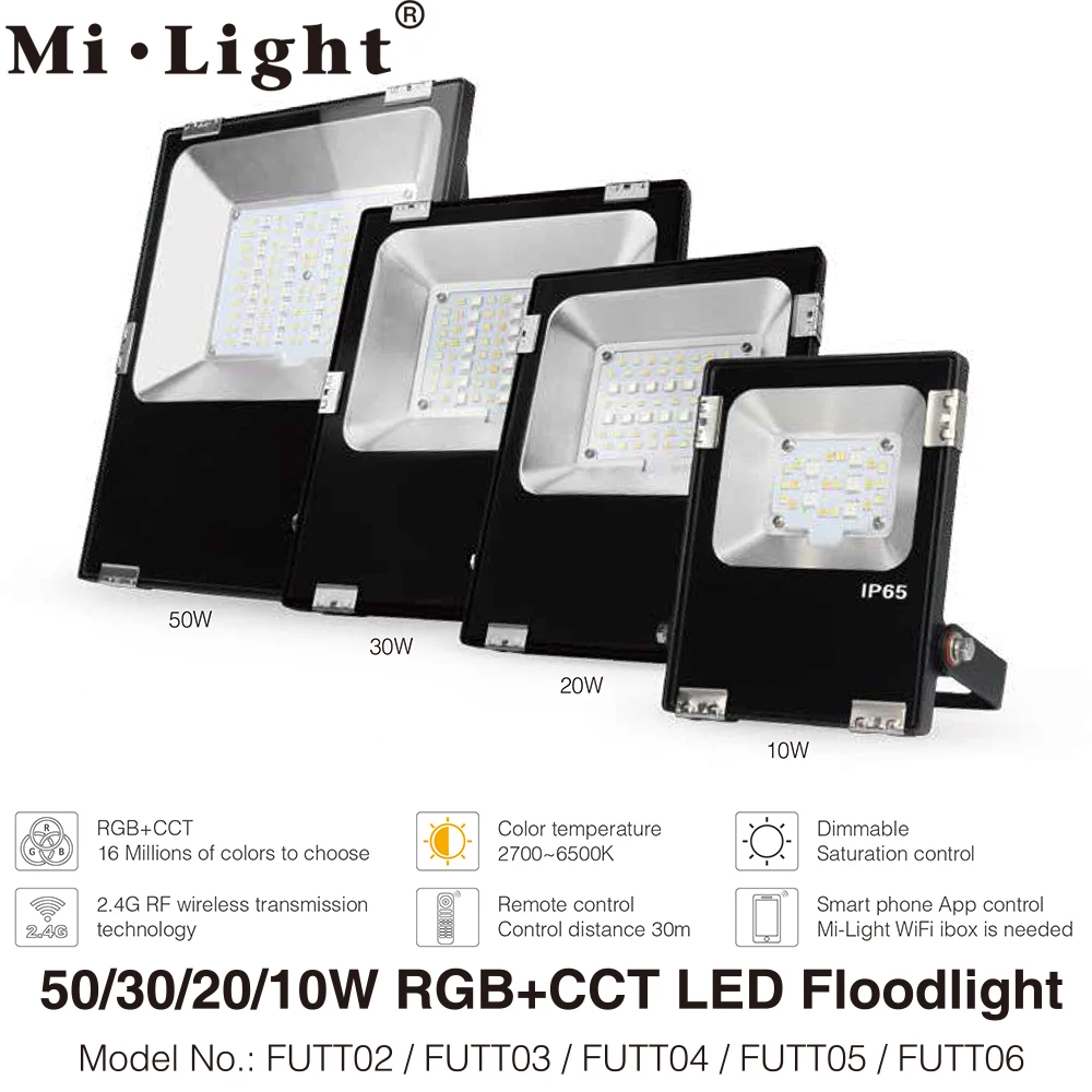 Milight RGB+SCT LED Poplav Luči 10W 20W 30W 50 W 100W AC86-265V 2.4 G Daljavo / WiFi Nadzor IP65 Vodotesen LED Žaromet