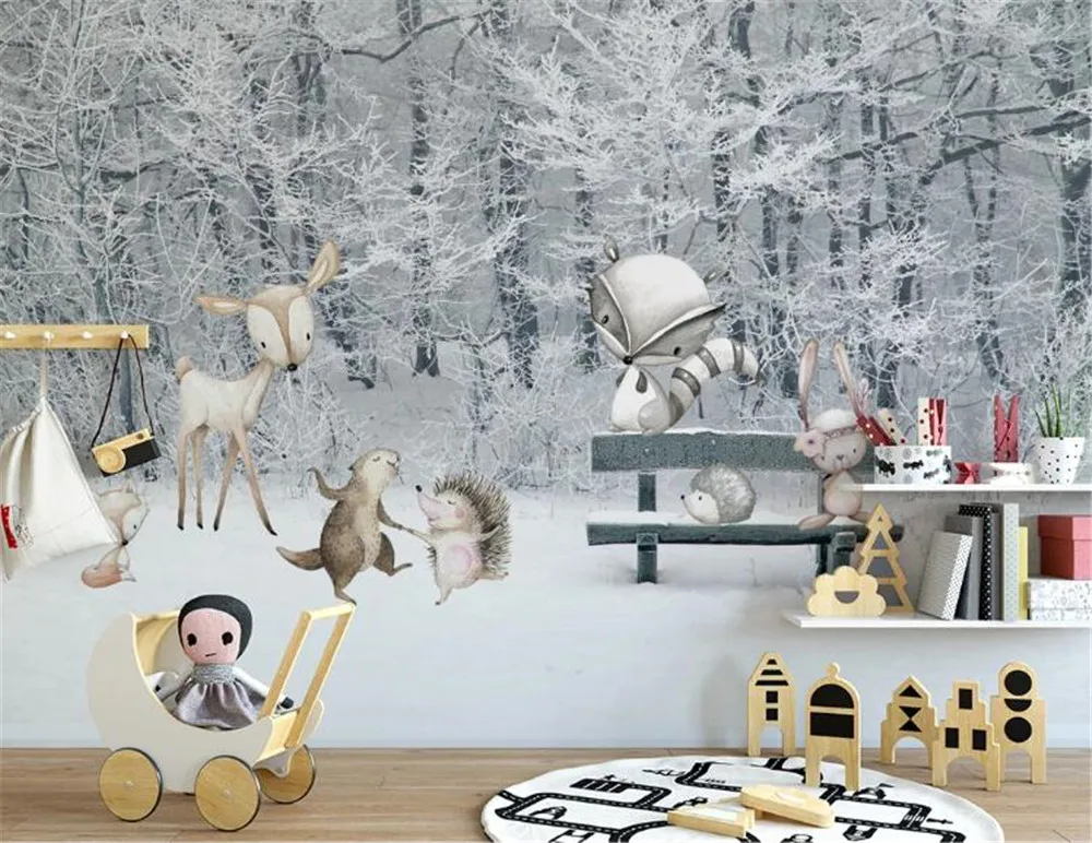 Milofi po meri velikih ozadje zidana otroški sobi pozimi sneg scene risanka živalski svet ozadju dekoracijo sten painti