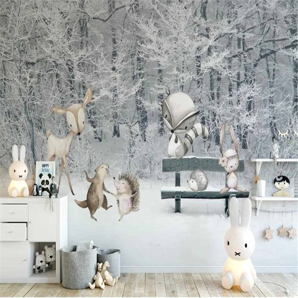 Milofi po meri velikih ozadje zidana otroški sobi pozimi sneg scene risanka živalski svet ozadju dekoracijo sten painti