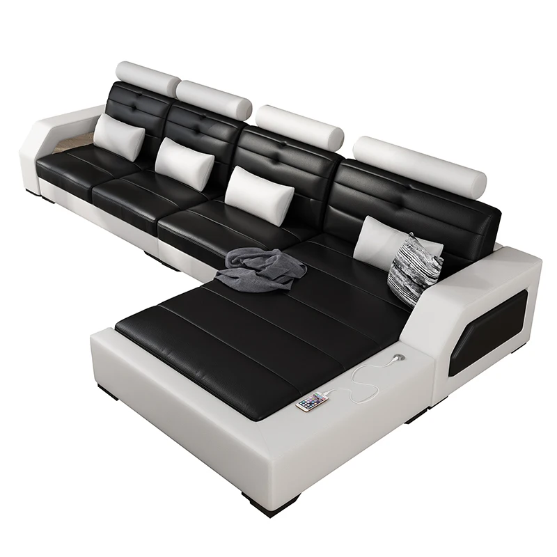 Minimalističen Nordijska velikost sodobne preprosta usnje črna in bela dnevna soba s čajem tabela TV omara kombinacija usnje, usnjeni kavč