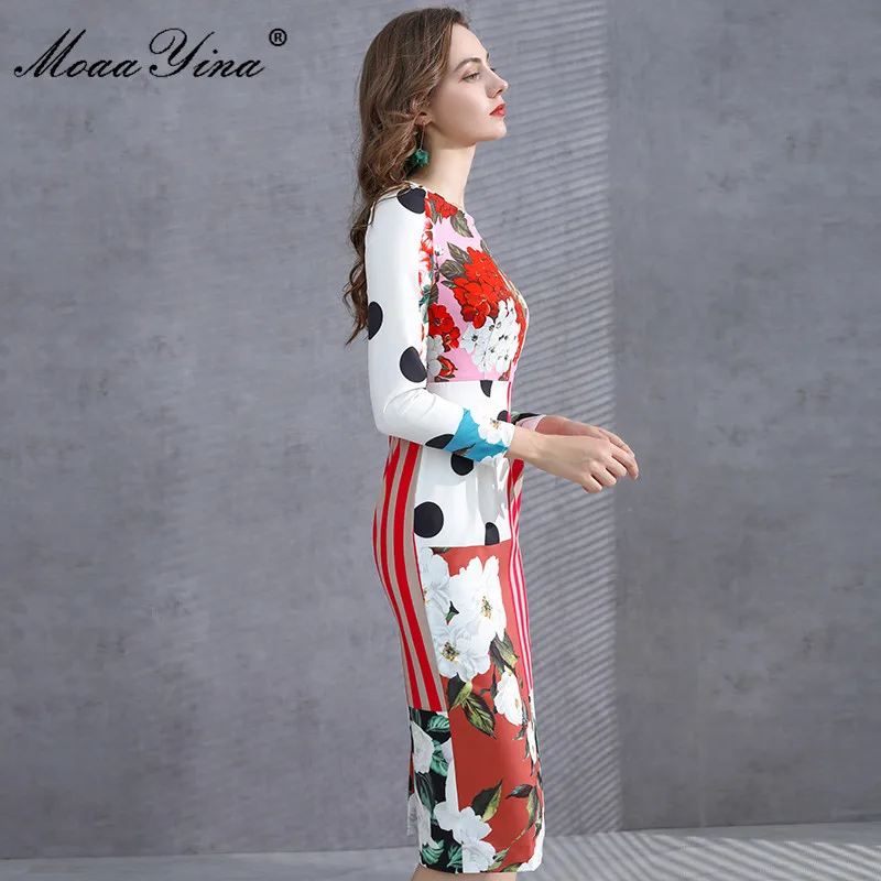 MoaaYina Modni Oblikovalec obleko Pomlad Žensk Obleko z Dolgimi rokavi Cvjetnim Natisni Paket hip Počitnice Obleke