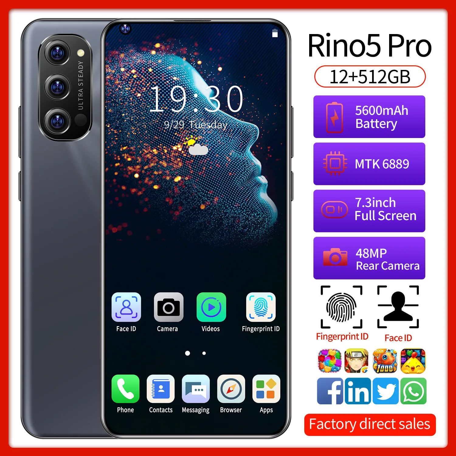 Mobilni telefon Rino5 Pro MTK6889 Deca Jedro 7.3 Palčni 4G 5G Pametni 12GB+512GB 5600mAh Android 10 Dual SIM Kartico WIFI, GPS, Mobilni Telefon