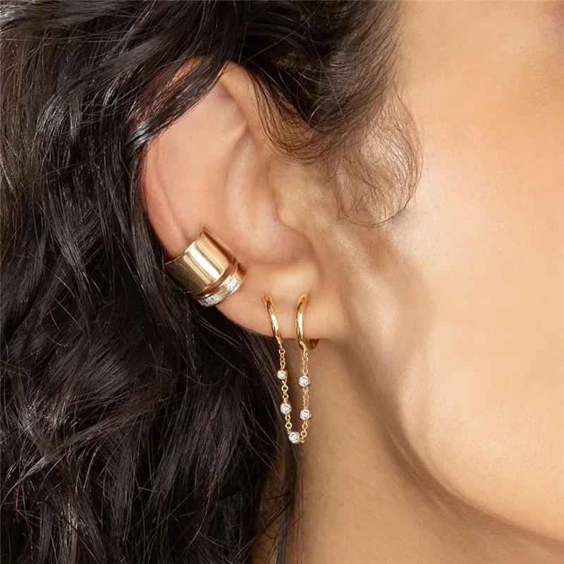 Moda 1pcs Ear Piercing Luna Srce Krog Kristalno Dolge Verige Stud Uhani Za Ženske Kul Tassel Dvojni Krog Nakit Darila