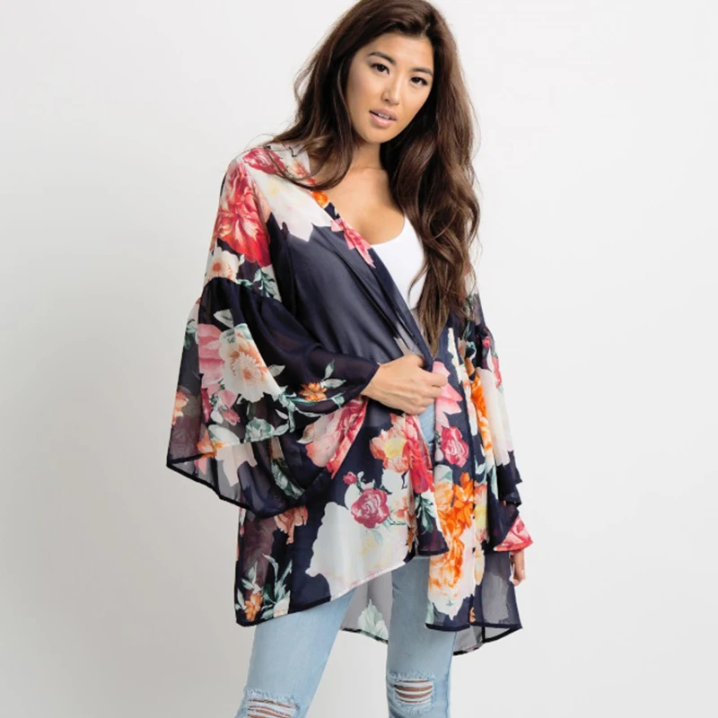 Moda Boho Priložnostne Šifon Kimono Za Ženske Cvjetnim Tiskanja Dolg Rokav Svoboden Jopico Plašč Poletje, Sonce-dokazilo Plažo 2020