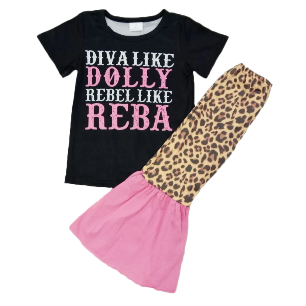 Moda država slog otroci dekle oblačila nastavite črno majico s kratkimi rokavi z leopard bell dnu hlače 2 kos dojenčka, malčka obleko