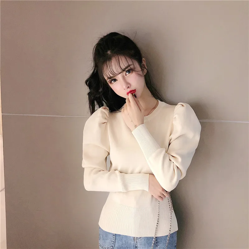 Moda Korejskem Slogu Pletenje Ženske Pulover Puloverju Majica Pomlad Jesen Elegantno Bluzo Naguban Puff Dolgi Rokav Vitek Pas Vrhovi