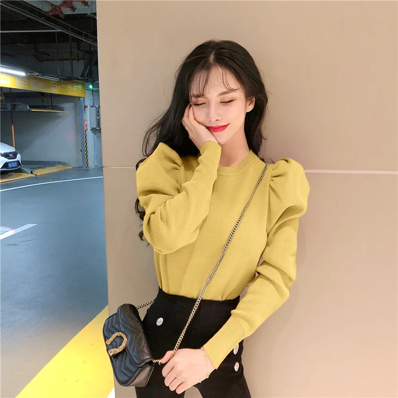 Moda Korejskem Slogu Pletenje Ženske Pulover Puloverju Majica Pomlad Jesen Elegantno Bluzo Naguban Puff Dolgi Rokav Vitek Pas Vrhovi