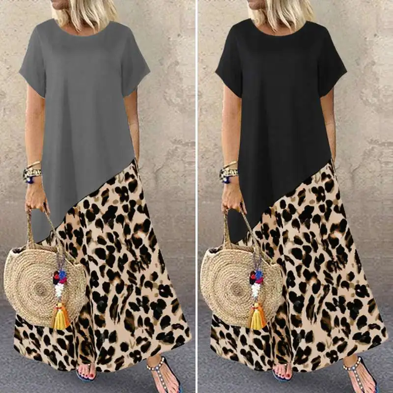 Moda Leopard Natisnjeni Maxi Obleka Ženske Poletje Sundress ZANZEA 2021 Priložnostne Kratek Rokav Mozaik Vestidos Plus Velikost Haljo 5XL