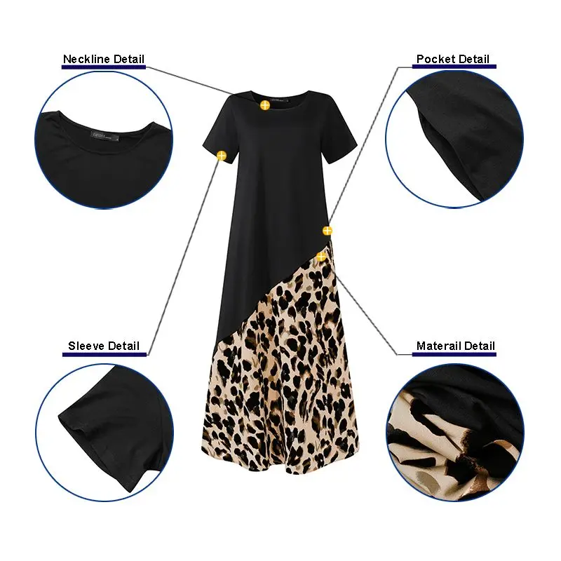 Moda Leopard Natisnjeni Maxi Obleka Ženske Poletje Sundress ZANZEA 2021 Priložnostne Kratek Rokav Mozaik Vestidos Plus Velikost Haljo 5XL