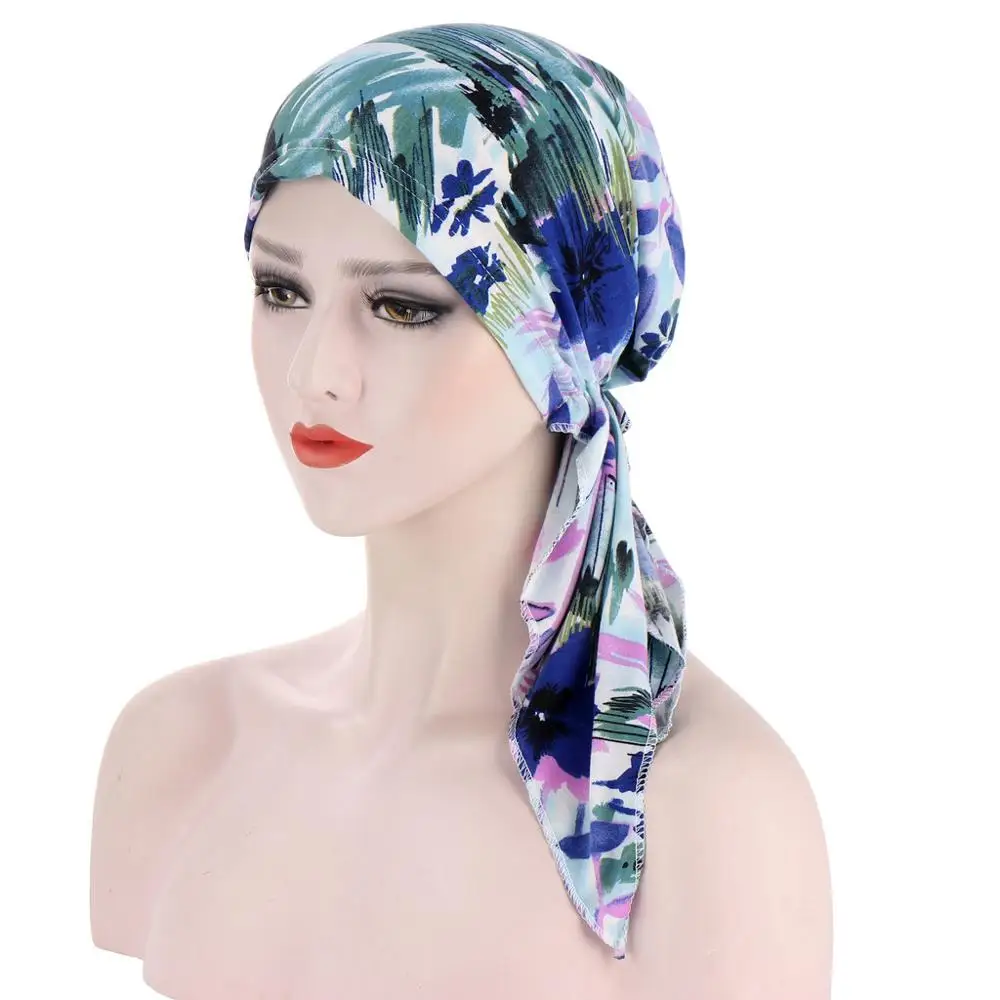 Moda Moslem Ženske Hijabs Trdna Bombaž Naguban Dolgim Repom Klobuk Cvjetnim Tiskanja Turban Za Lady Očarljivo Turbano Kemoterapijo Skp