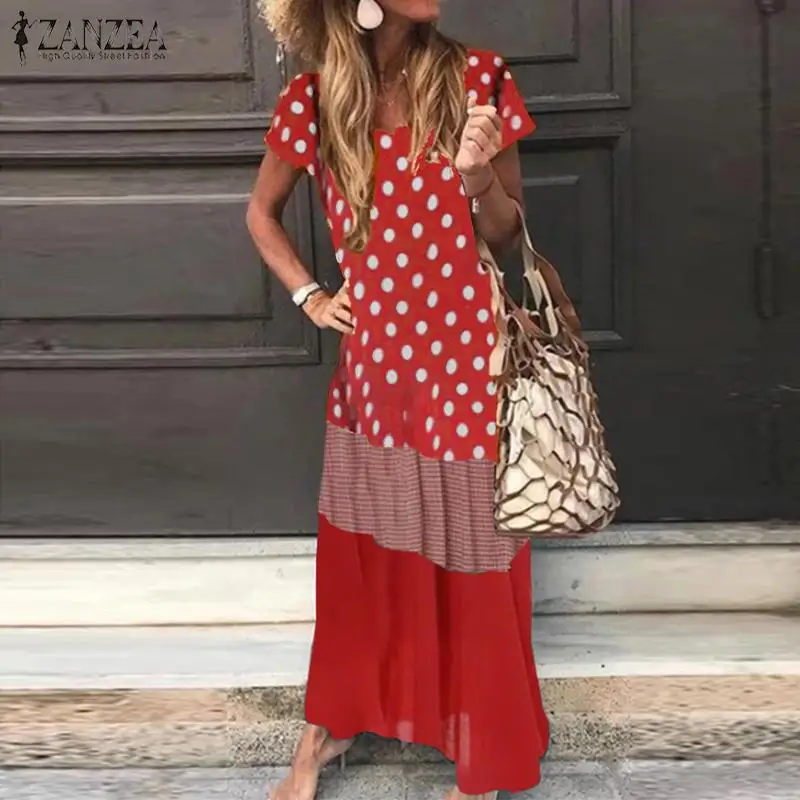 Moda Natisnjeni Maxi Obleka Ženske Poletje Sundress ZANZEA 2021 Priložnostne Kratek Rokav Mozaik Vestidos Ženski Pika Haljo Preobsežne