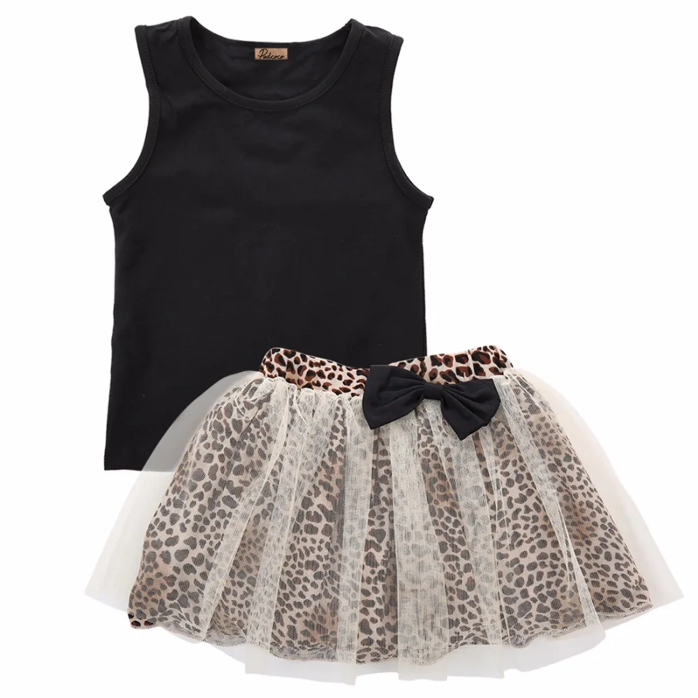 Moda otroška oblačila, komplet dojenček dekle brez rokavov black vrhovi tutu leopard lok krilo 2pcs sladko obleke novorojenčka otroci obleke