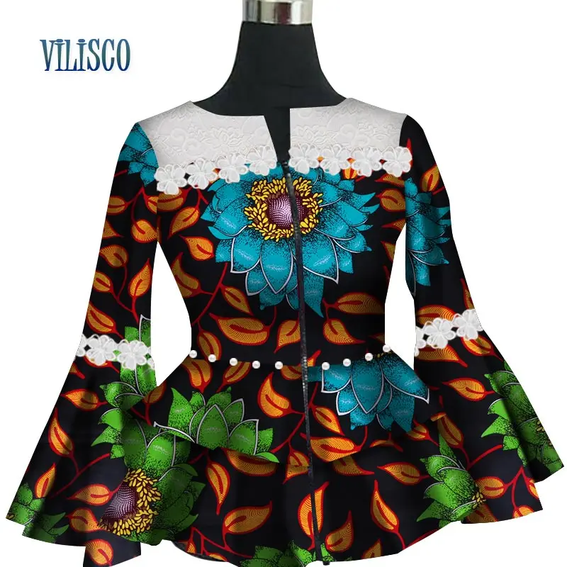 Moda po Meri Čipke Cvet Biseri Plašč Vestidos Visoko Pasu Afriške Vosek Tiskanja Plašč za Ženske Afriški Stil Oblačil WY3118