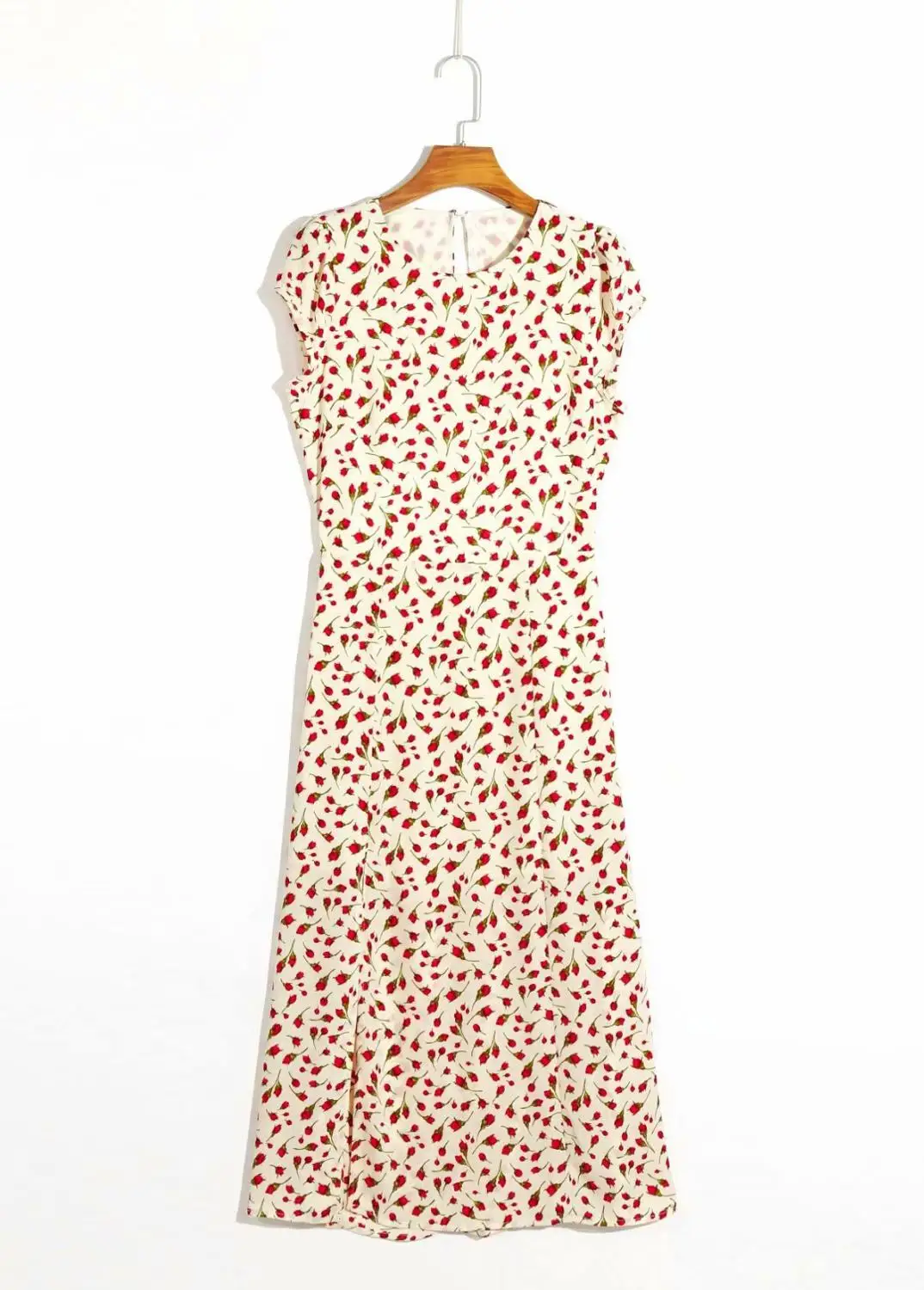 Moda poletje obleko v vratu kratkimi rokavi, zadrgo votlih iz elegantna cvjetnim tiskanja midi obleka ženske femme vestidos