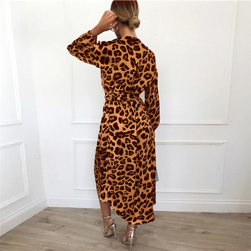 Moda Pomlad Jesen Obleka Ženska Leopard Tiskanja Šifon Obleko Proti-vrat Visoko Pasu Obleko Seksi Dolge Obleke, Ženske S Pasom