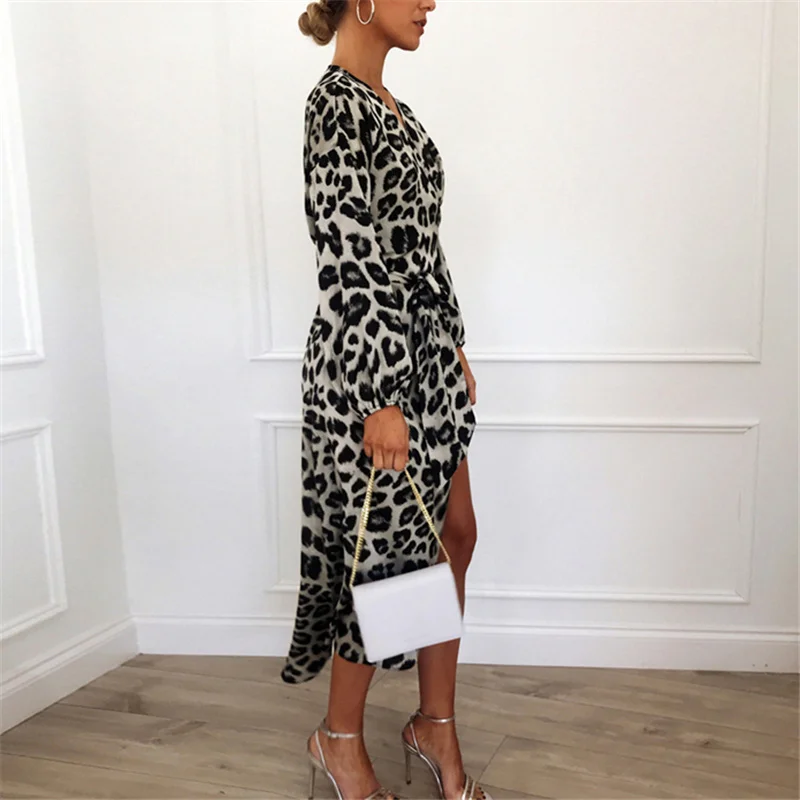 Moda Pomlad Jesen Obleka Ženska Leopard Tiskanja Šifon Obleko Proti-vrat Visoko Pasu Obleko Seksi Dolge Obleke, Ženske S Pasom