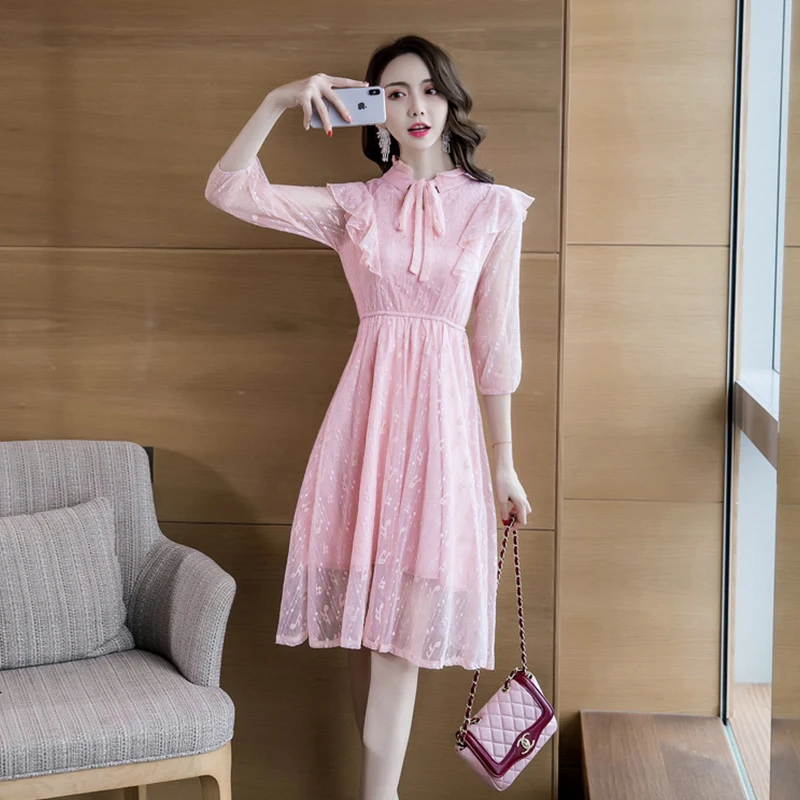 Moda pomlad ženske udobno sladko eleganten lok obleko nov prihod temperament stranka srčkan sveže letnik roza čipke a-line oblačenja