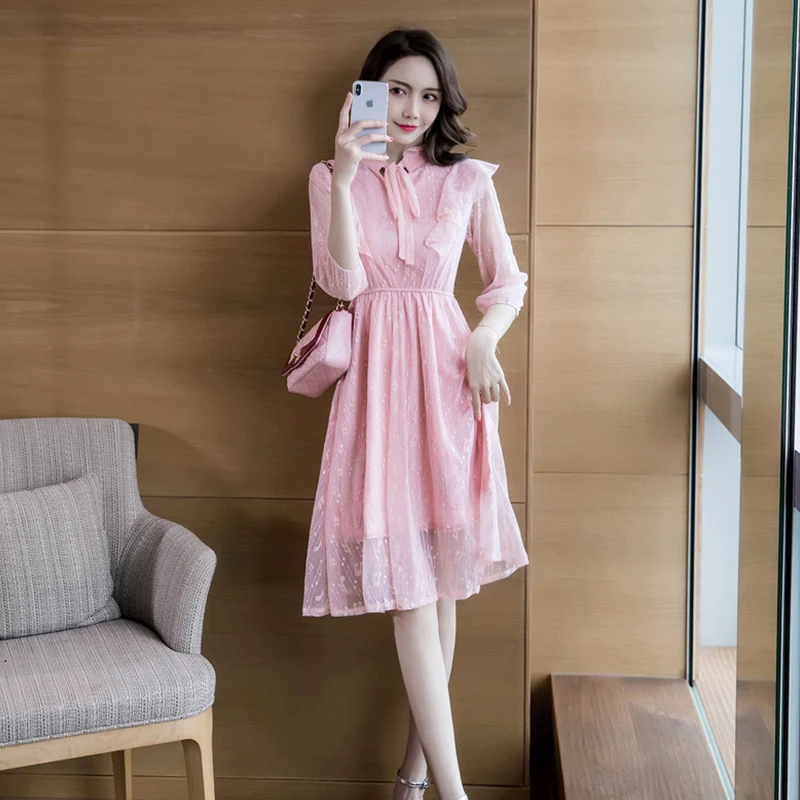 Moda pomlad ženske udobno sladko eleganten lok obleko nov prihod temperament stranka srčkan sveže letnik roza čipke a-line oblačenja