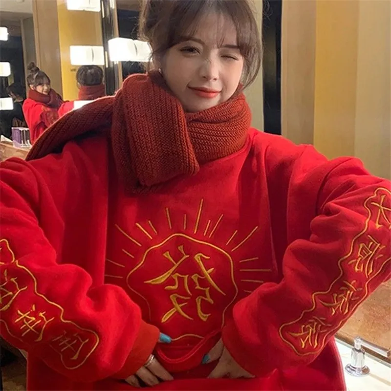 Moda Rdeče Ženske Svoboden Sweatshirts Jeseni Harajuku Kitajski Bogato Hoodie Ulične Priložnostne Pozimi Prevelik Rock Vrhovi, Ki So Hoody Femme