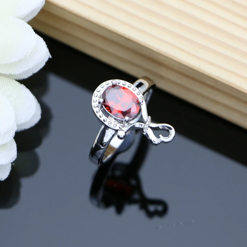 Moda Stranka, Srebro 925 Nakit Kompleti za Ženske Rdeče Granat Brithstone Uhani Zapestnica Odprt Obroč Ogrlico, ki Določa Darilo za Njo