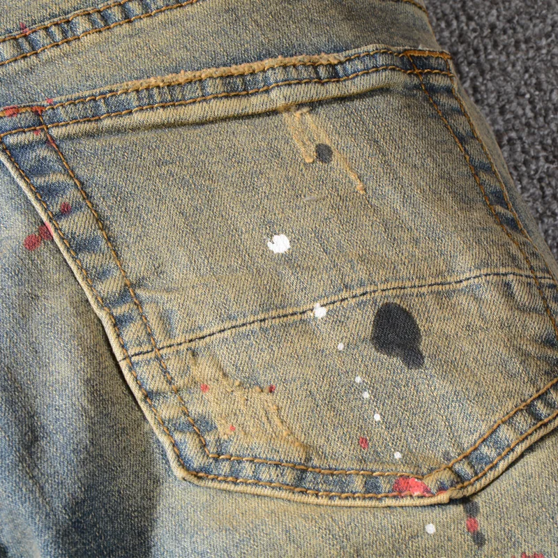 Moda Ulične Moške Jeans Visoke Kakovosti Retro Rumena Oprati Uničeno Ripped Kavbojke Stretch Barve Oblikovalec Hip Hop Kavbojke Moški