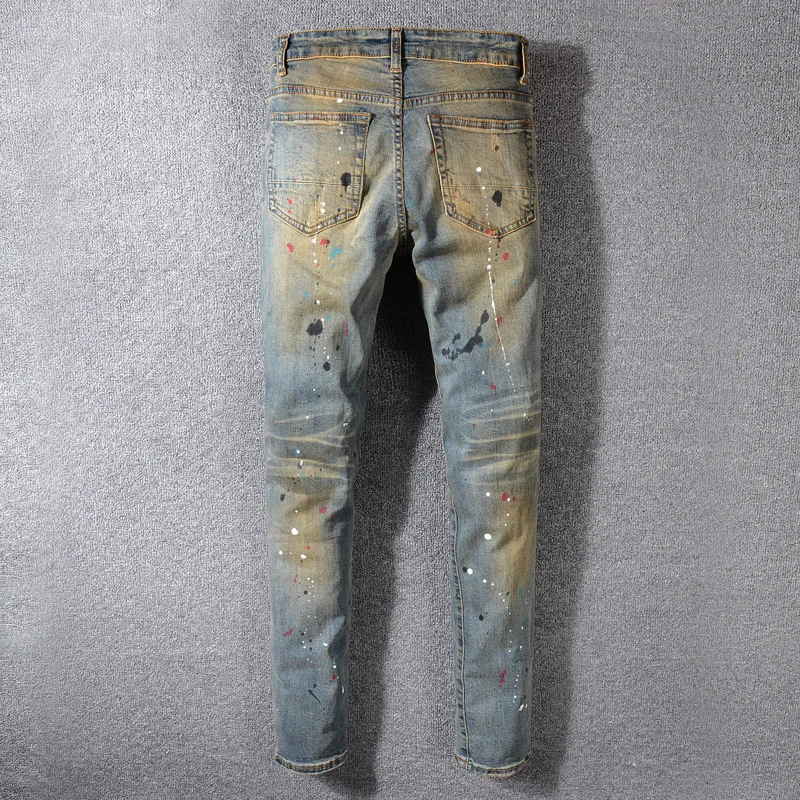 Moda Ulične Moške Jeans Visoke Kakovosti Retro Rumena Oprati Uničeno Ripped Kavbojke Stretch Barve Oblikovalec Hip Hop Kavbojke Moški