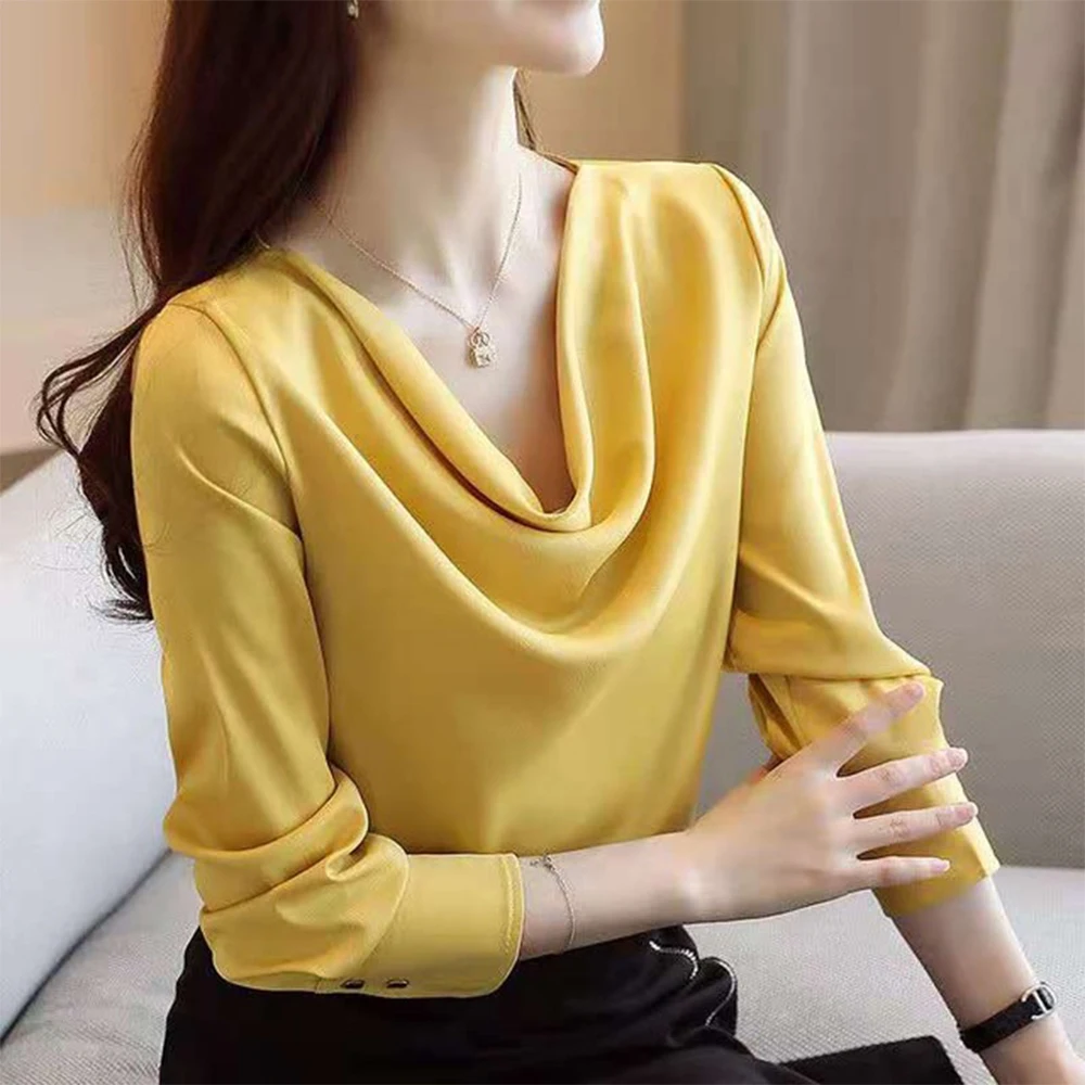 Moda visoko-kakovostni razred zračen izrez saten bluzo dolgo sleeved šifon bluzo Plus Velikost Ženske Šifon Bluzo Elegantna Majica