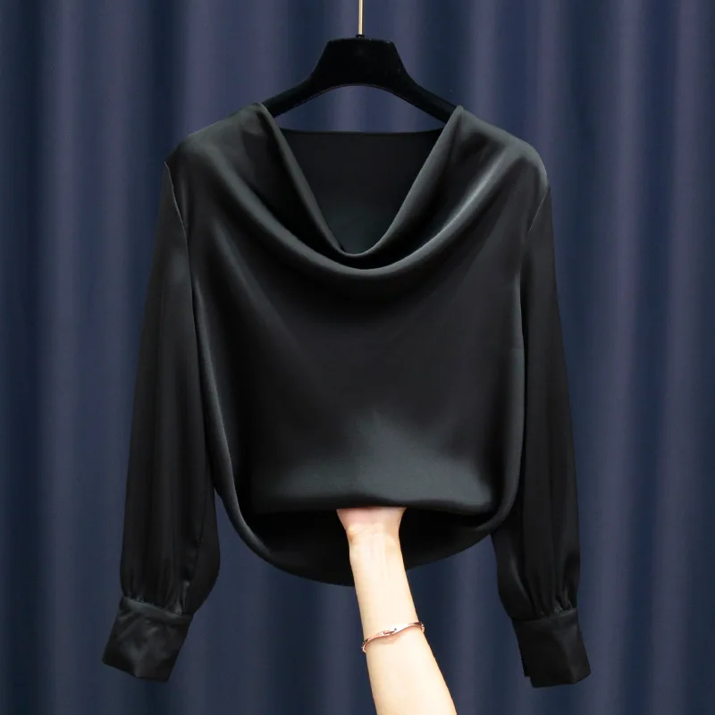 Moda visoko-kakovostni razred zračen izrez saten bluzo dolgo sleeved šifon bluzo Plus Velikost Ženske Šifon Bluzo Elegantna Majica