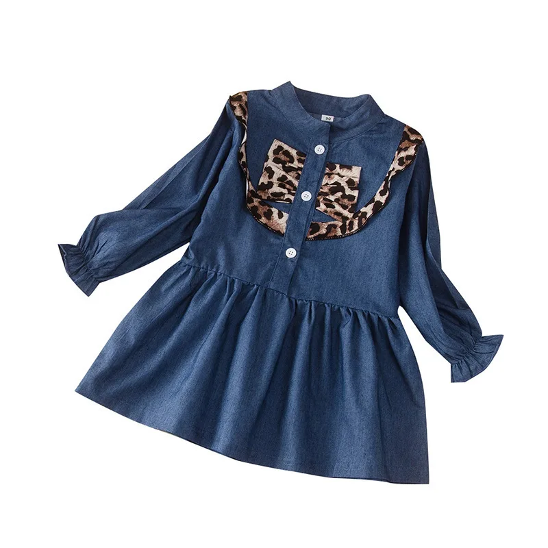 Moda za dekleta jeseni polno flare rokav denim obleke malčka otroci baby dekleta leopard mozaik ruched kolena-dolžina obleko 2-9Y