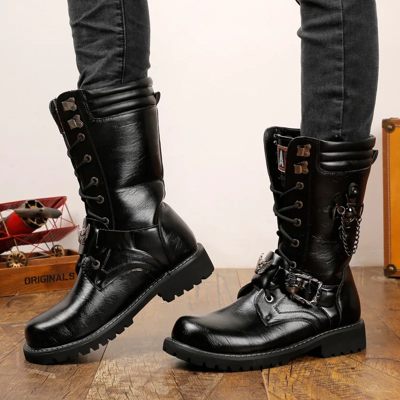 Moda Za Moške, Motorno Kolo, Copati Lobanje Proti Vojski Moški Čevlji Punk Goth Usnje Moški Čevlji Visoki Vrh Priložnostne Boot Botas Hombre