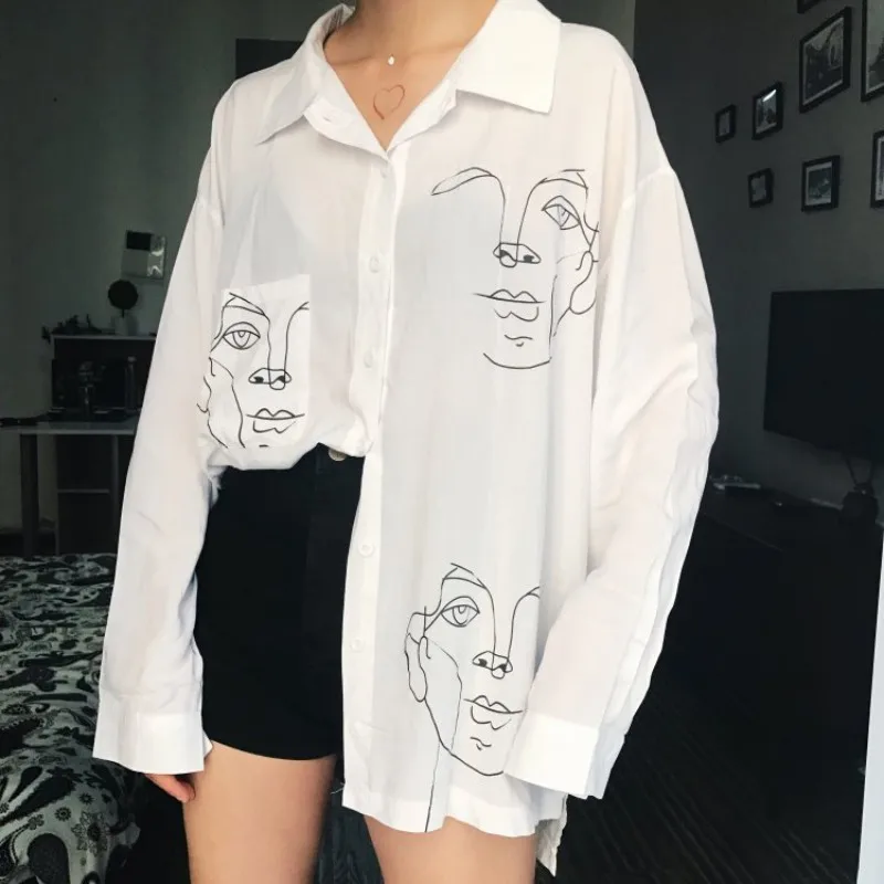 Moda Za Ženske Majice Ženske Vrhovi Bluzo Bombaž Obraz Tiskanje Celoten Dolg Rokav Srajce Svoboden Priložnostne Formalno Majica