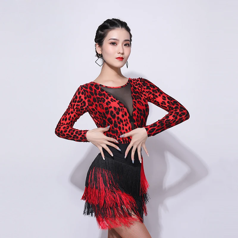 Moda za Ženske Ples latinski Ples Konkurence Nositi Seksi Leopard Vrhovi Resast Krilo Cha Cha Samba Rumba Usposabljanje Oblačila DL5039