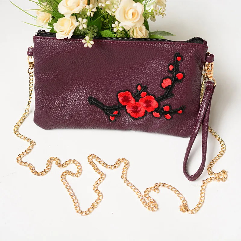 Moda za ženske sklopke majhne usnjena torba z embirodery cvetlični sredstev dame torbici vijolično torbe roko crossbody ženska sklopka
