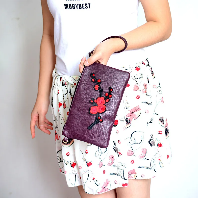 Moda za ženske sklopke majhne usnjena torba z embirodery cvetlični sredstev dame torbici vijolično torbe roko crossbody ženska sklopka
