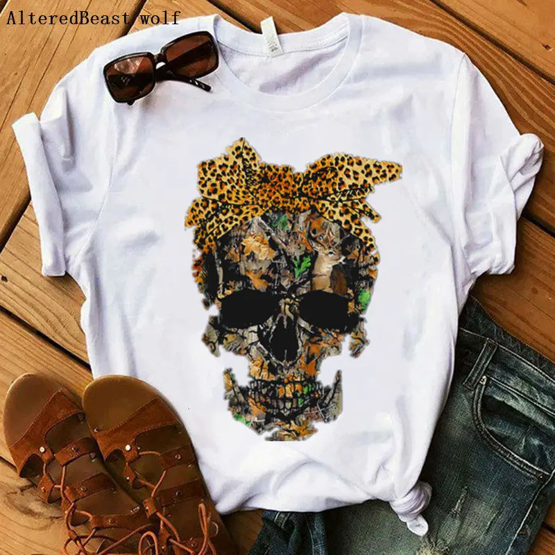 Moda za Ženske, T Majica, Ruta Lobanje Sončnice T-shirt Leopard Tiskanja Vrhovi Tee Priložnostne Kratkimi Rokavi Ženske Punk Stil Lady Tshirt