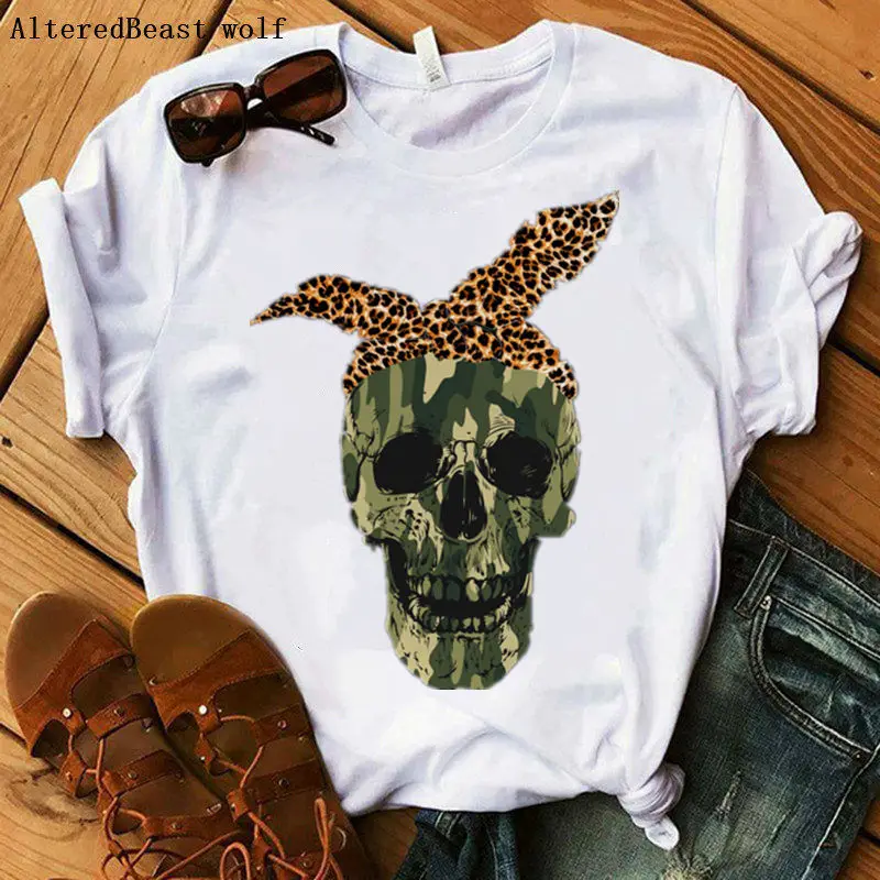 Moda za Ženske, T Majica, Ruta Lobanje Sončnice T-shirt Leopard Tiskanja Vrhovi Tee Priložnostne Kratkimi Rokavi Ženske Punk Stil Lady Tshirt