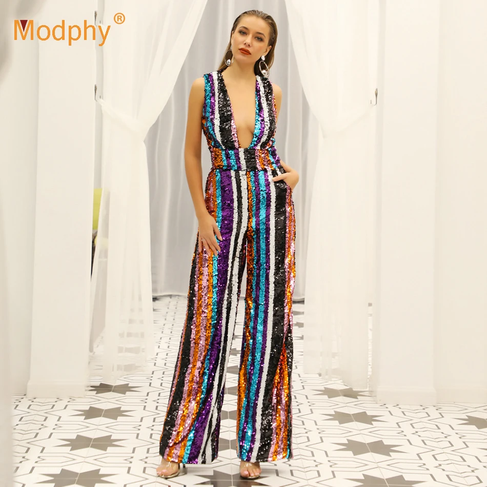 Modphy 2020 Novo Modno Elegantna ženska Barva Bleščica Jumpsuit Seksi Globoko V brez Rokavov Klub Stranka Visok Pas Naravnost Jumpsuit