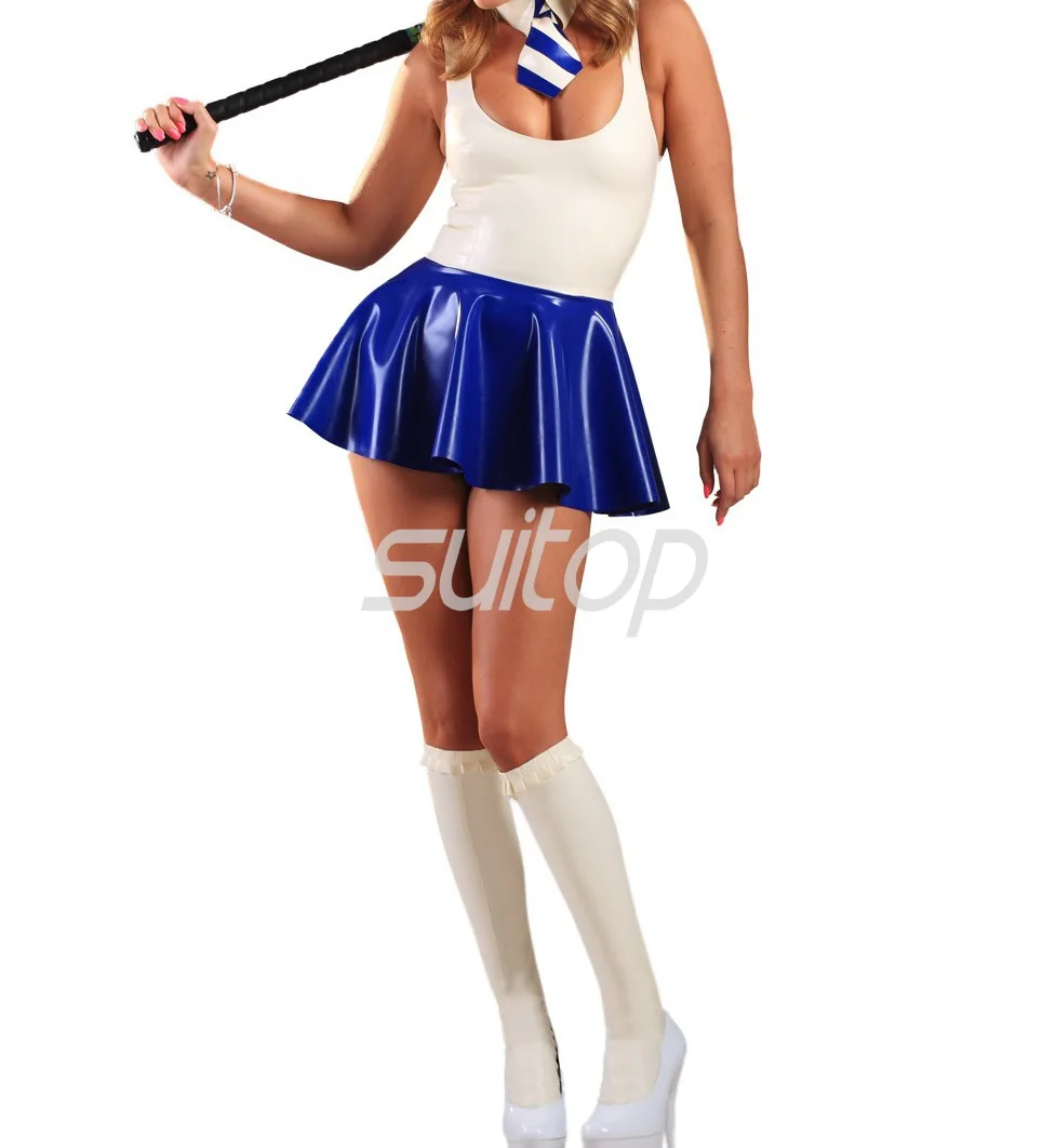 Modra barva gume priložnostne obleko šolarka, cosplay latex dekle šoli uniforme, vključno s kravato in skladiščenje