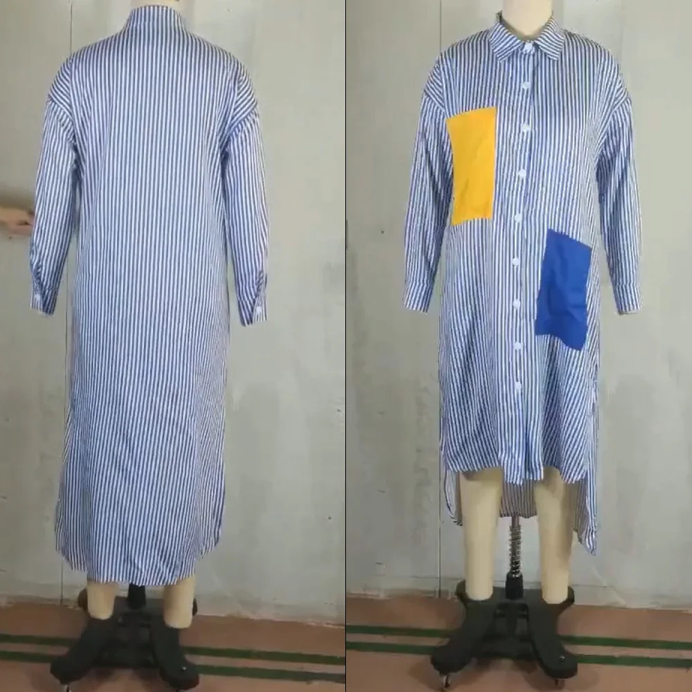 Modra Mozaik Ženske Shirt Obleko Z Dolgimi Rokavi Proge Tiskanja 2020 Poletje Jesen Mid-Dolgo Haljo Femme Afriške Urad Maxi Vestidos
